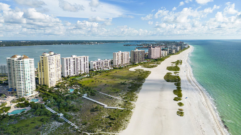 Aerial view of Sand Key at Clearwater Beach, Florida on a sunny day