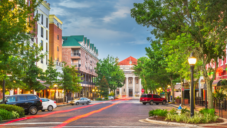 Gainesville, Florida, downtown cityscape at twilight