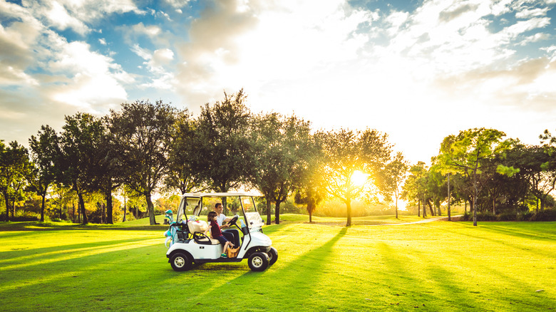 Father and daughter driving golf cart in Florida