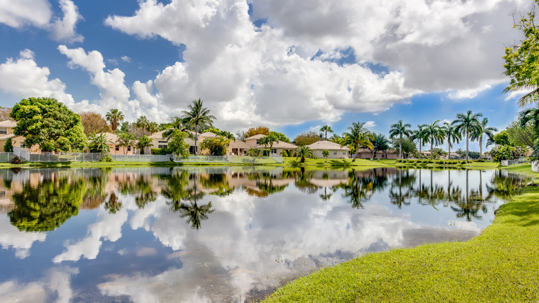 Homes on the water beneath a cloudy sky and surrounded by trees and foliage in Coconut Creek, Florida