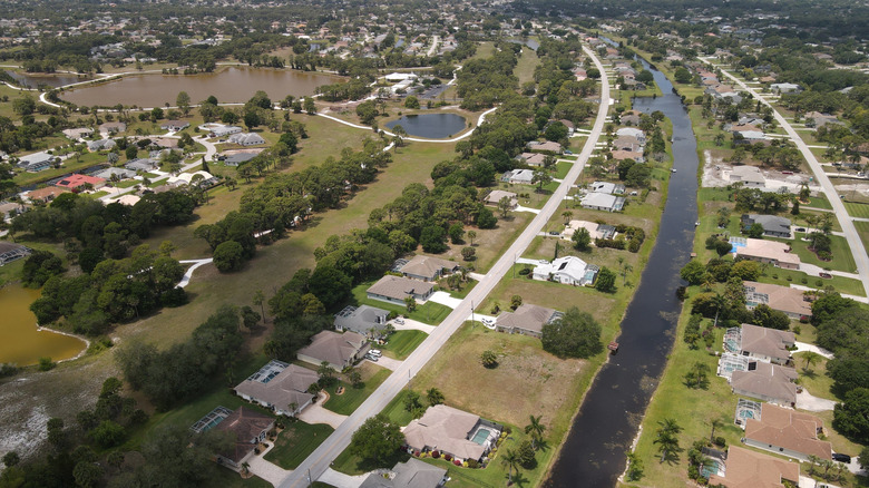 Aerial view of houses and canal in Rotonda West, Florida