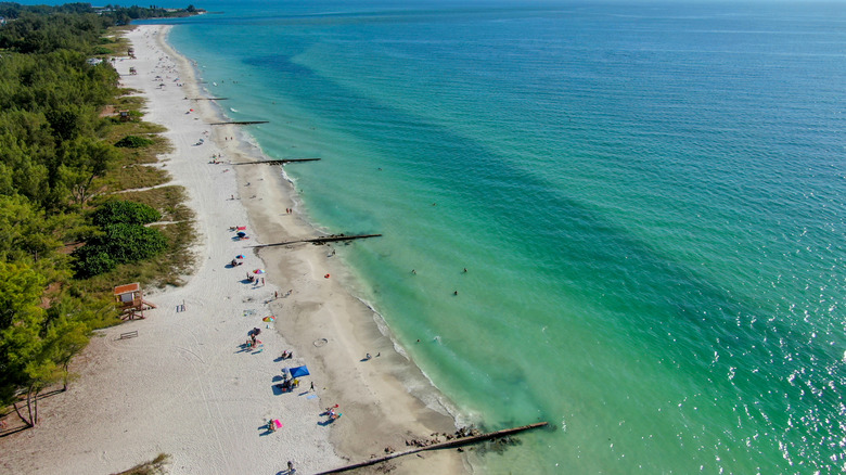 An aerial view of Coquina Beach with people on the shore