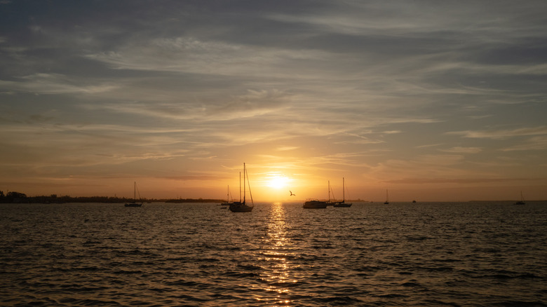 sunset behind boats on Palma Sola Bay