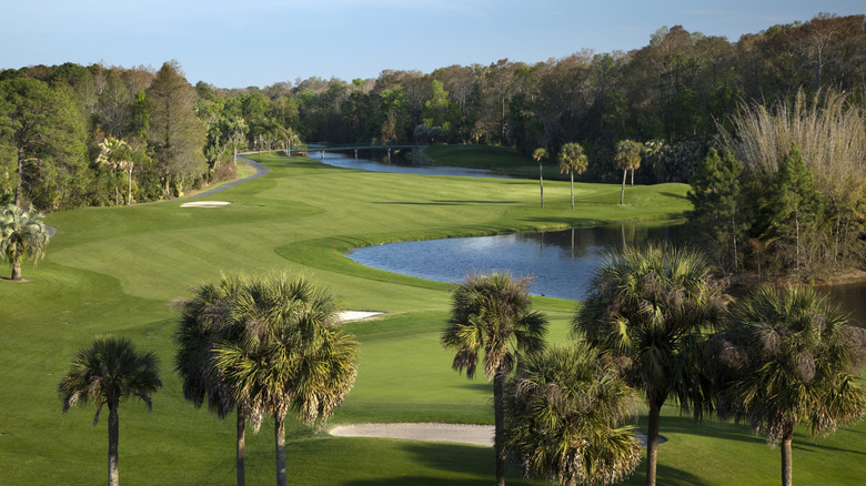 A golf course with manicured greens and a water feature