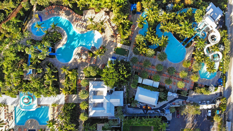 An aerial view of the pool area at Hyatt Regency Coconut Point Resort & Spa.