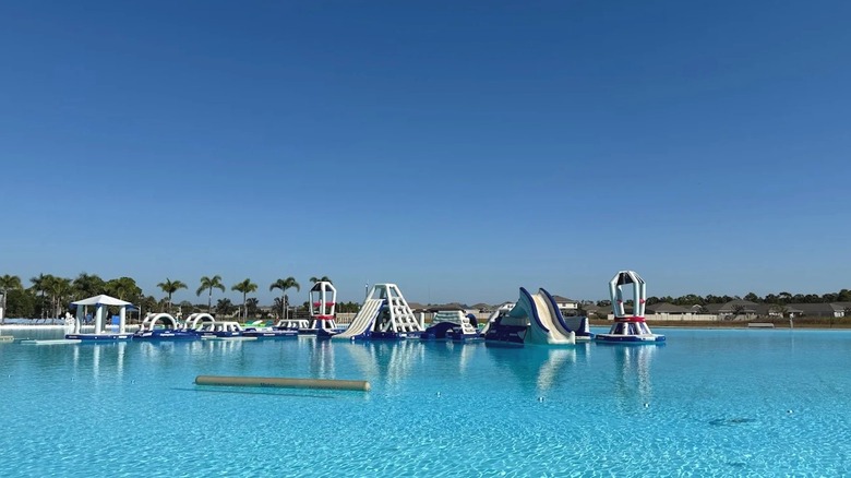 A view of the inflatable course in the water at Brightwater Lagoon