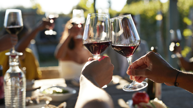People clinking glasses at a winery
