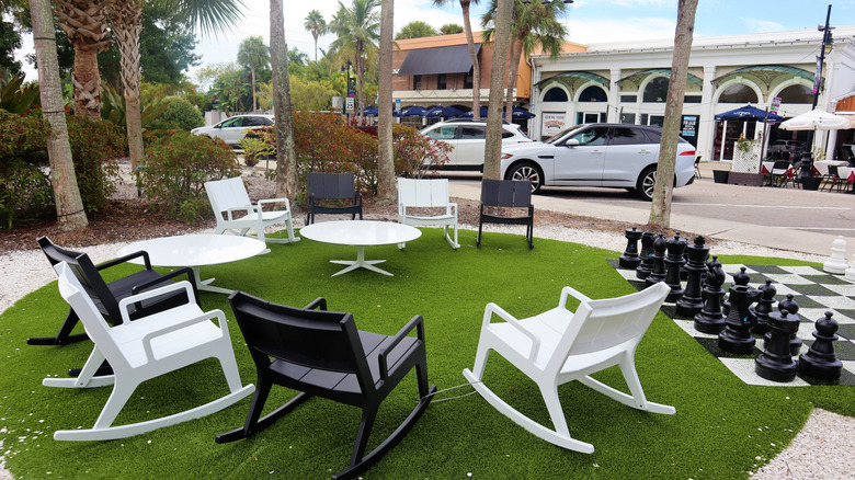 Chairs and a giant chessboard in one of the mini parks around St. Armand's Circle, Sarasota, Florida