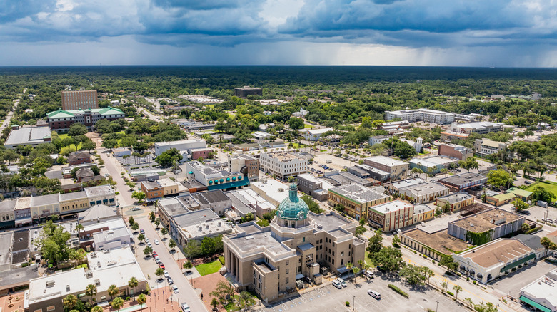 Aerial view of Downtown DeLand, Florida with clouds in the sky