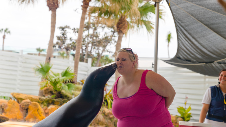 Woman getting a kiss on the cheek from a sea lion