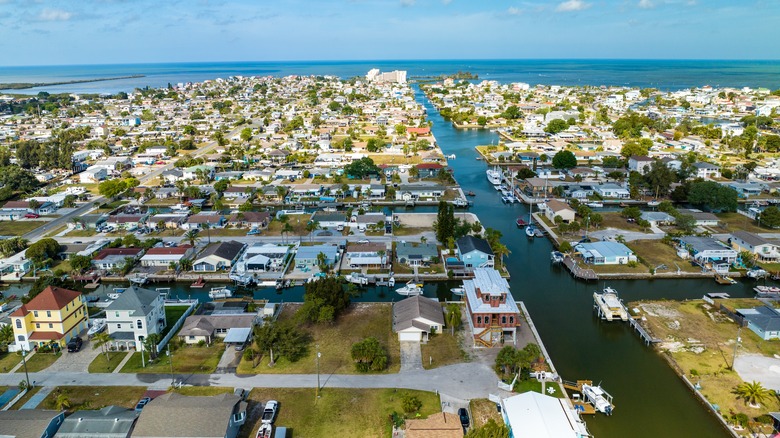 Aerial view of Hudson, Florida, looking out toward the Gulf