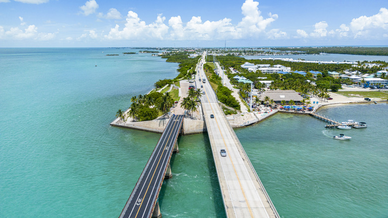Aerial view of Seven Mile Bridge leading into Marathon, Florida