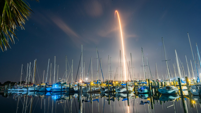 The Titusville marina with a rocket launch happening in the background