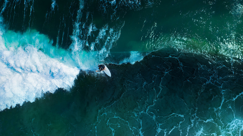 Surfer riding wave crest