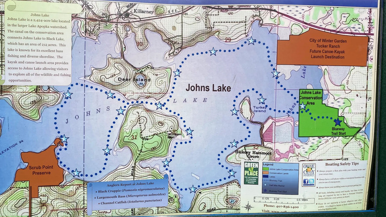 A map of Johns Lake highlighting its blueway and topography