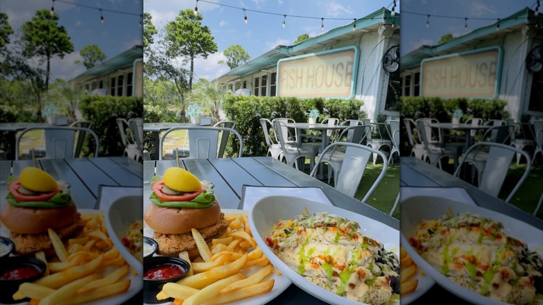 Fish sandwhich and seafood pasta at the Old Florida Fish House near Seagrove, FL