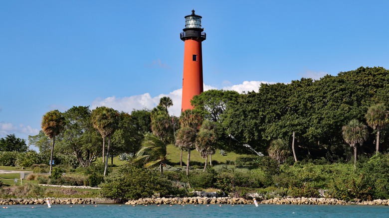 View from the water of the Jupiter Inlet Lighthouse with trees in the foreground during the day.