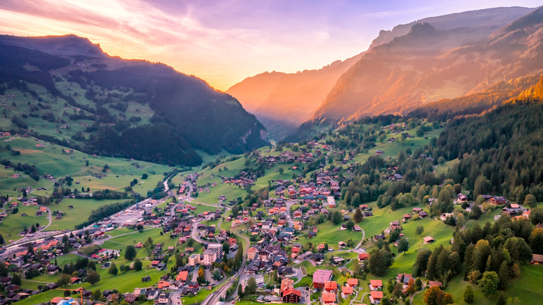 Grindelwald village mountain view at dusk