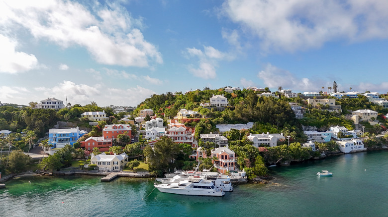 Bermuda's harbor with residential areas, small boats, and coastal waters