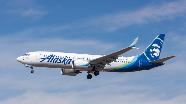 An Alaska Air plane in the air