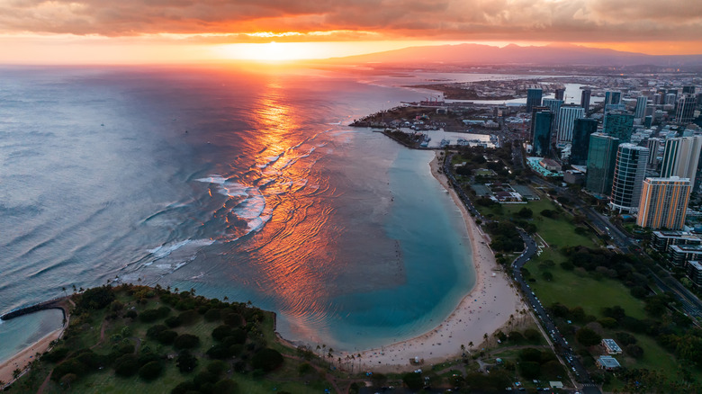 An aerial view of  sunset in Honolulu