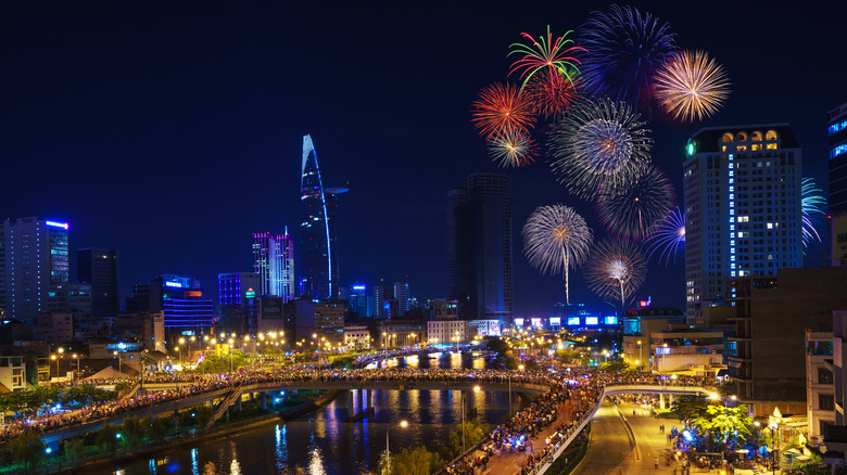 Fireworks over Ho Chi Minh City at night