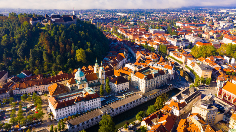ljubljana aerial shot with river
