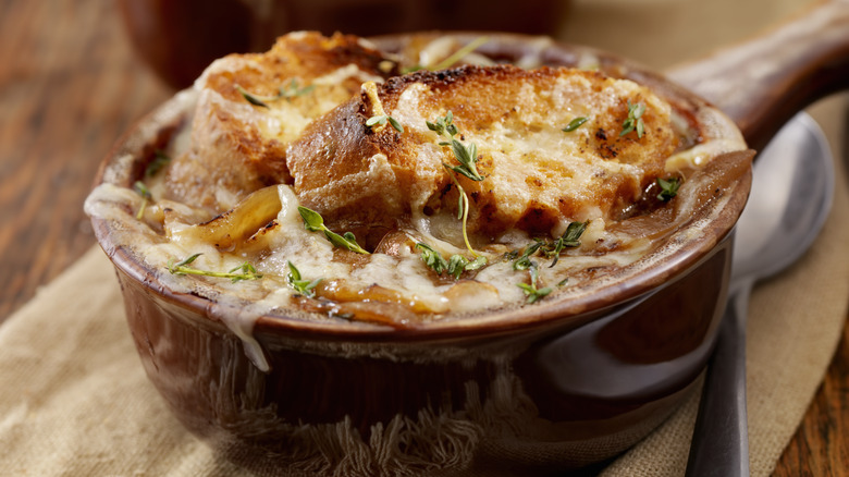 A closeup of French onion soup