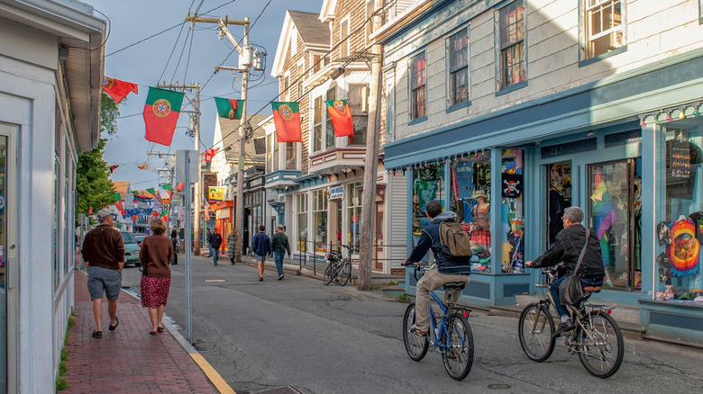 A street in Provincetown Massachusetts with Portuguese flags
