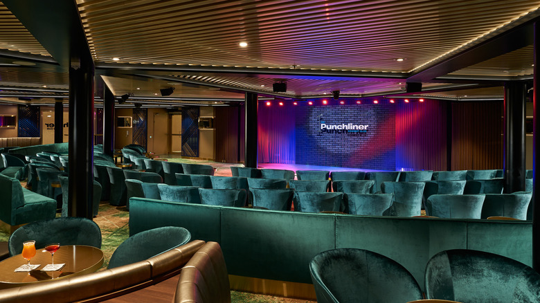 Interior view of The Punchliner Comedy Club, a lounge with live performances, on the Carnival Jubilee ship