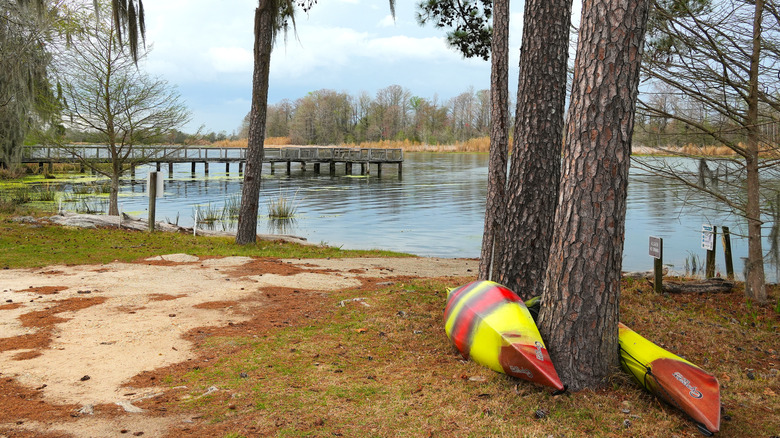 Kayaks on the shore near a pier in Three Rivers State Park