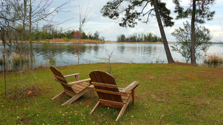 Adirondack chairs on the shore of Lake Seminole in Three Rivers State Park
