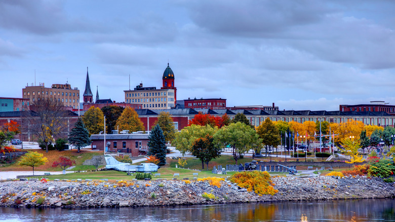 A view of the river in front of Veterans Memorial Park in Lewiston with its military plane, jeep, and canon monuments