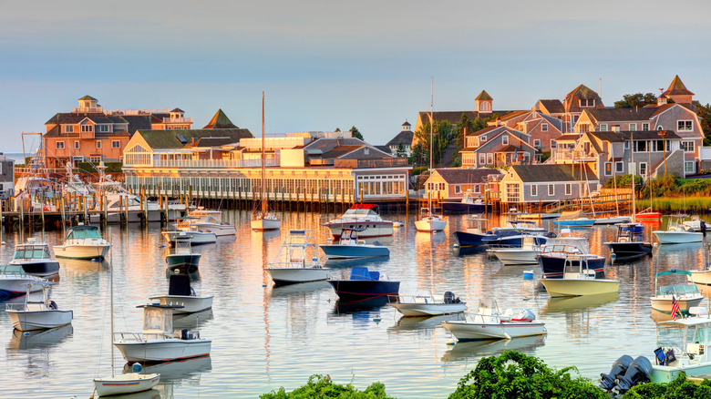 A scenic view of the harbor in Harwich in Barnstable County, Massachusetts, filled with motorboats on the water
