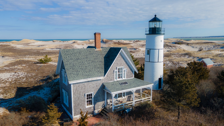 An aerial view of Sandy Neck Light at Barnstable Harbor