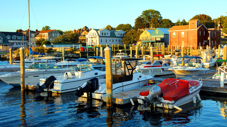 Boats docked in Bristol Harbor on a sunny day