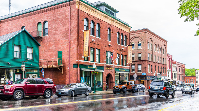 Red brick buildings in the core of Camden, Maine