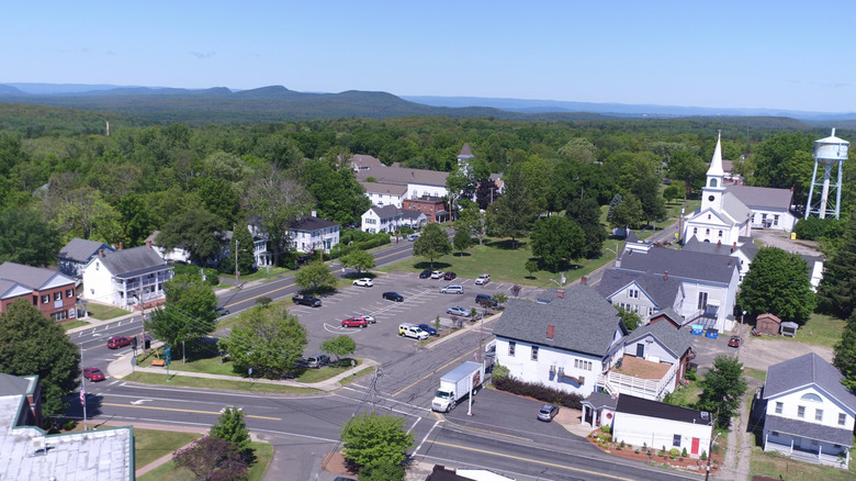 aerial view over buildings and streets in Belchertown, Massachusetts