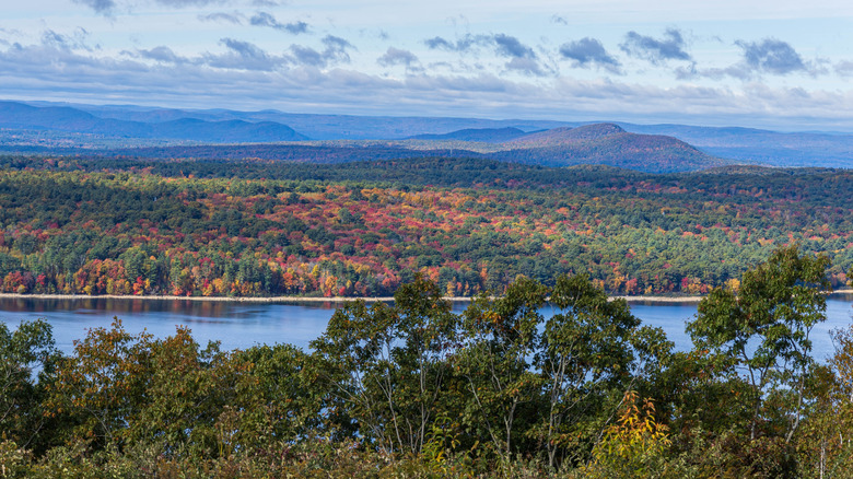 Scenic view of mountains and forests in fall near Quabbin Reservoir in Massachusetts.