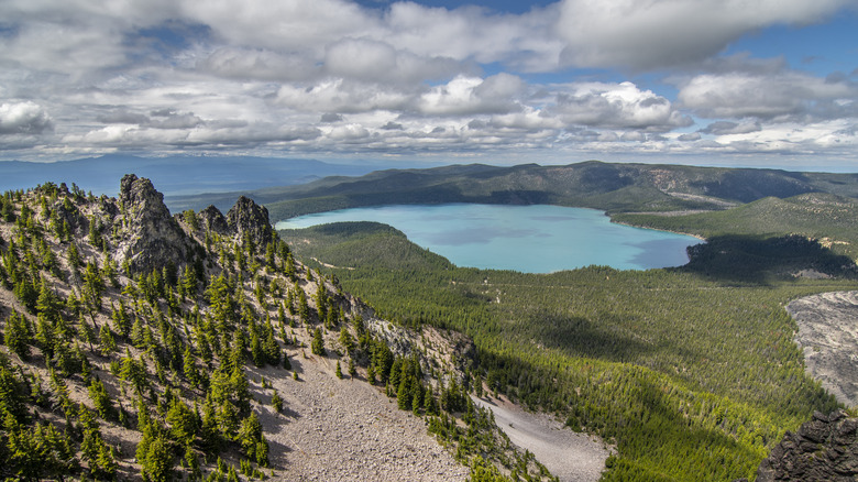 A sweeping view of Paulina Lake, located within the Newberry Caldera, as seen from Paulina Peak in the Newberry National Volcanic Monument, Central Oregon