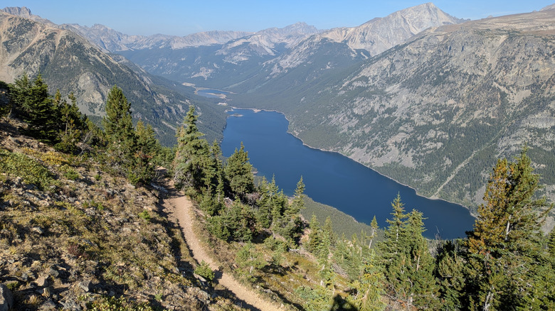 high alpine hiking trail with view of mountain range and lakes in Montana's Absaroka-Beartooth Wilderness