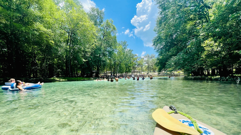 People float, kayak, and swim in the clear water at Florida's ﻿Ruth B. Kirby Gilchrist Blue Springs State Park.