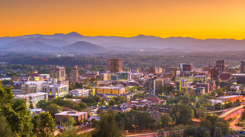 Asheville skyline with Blue Ridge Mountains in the distance
