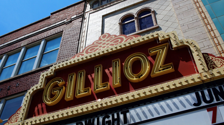 A close-up of the Gillioz theater marquee which reads "GILLIOZ" in capital letters