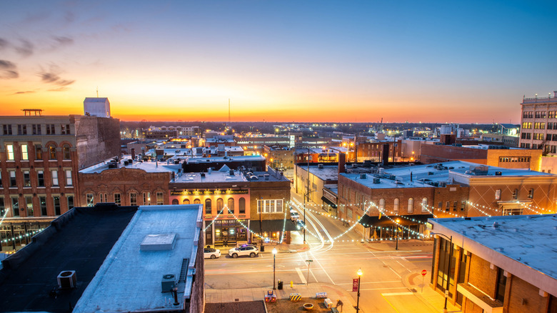 An aerial view of downtown Springfield, Missouri, at sunset