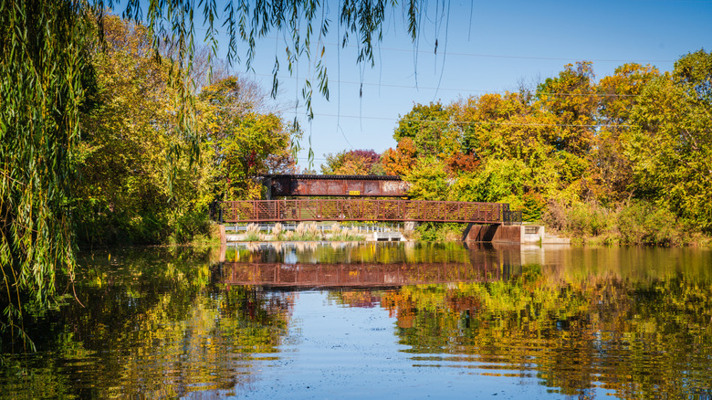 A rust-colored bridge over a shimmering lake with greenery and trees turning autumn colors on each side