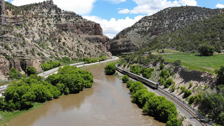 Train passing through Glenwood Canyon, Colorado