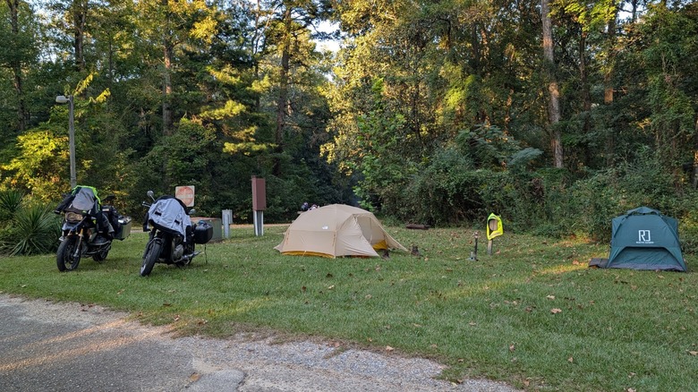Two pitched tents and two parked motorcycles at the primitive campground at Blue Springs State Park, Alabama