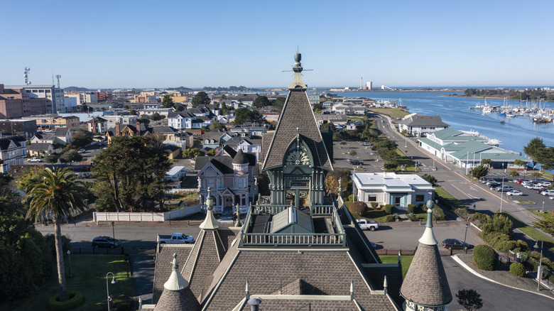 An aerial view of historic downtown Eureka in Humboldt County California