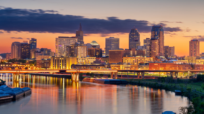 Saint Paul, Minnesota's downtown skyline on the Mississippi River at dusk